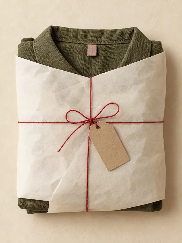 Folded olive garment wrapped in cream tissue and tied with red string