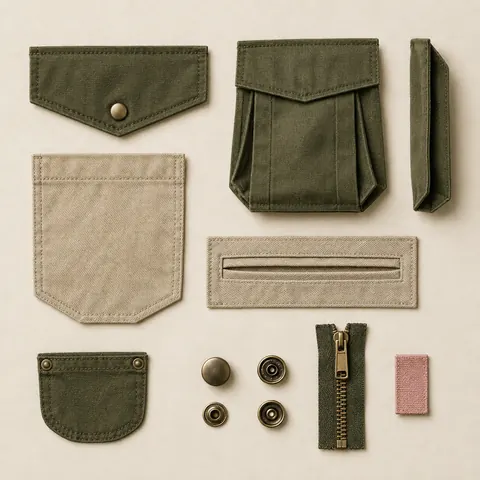 Pocket pieces laid out flat: a pointed flap, a bellows pocket, a patch pocket and snaps