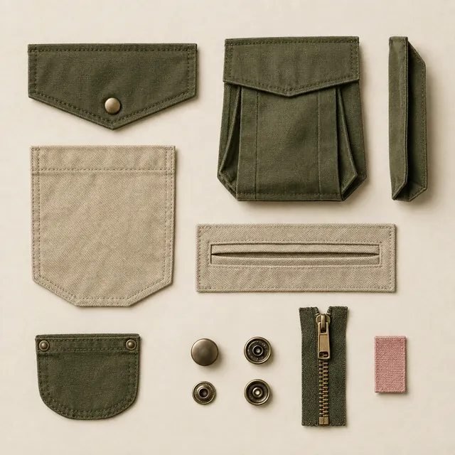 Pocket pieces laid out flat: a pointed flap, a bellows pocket with its gusset, a patch pocket, snaps and a zip