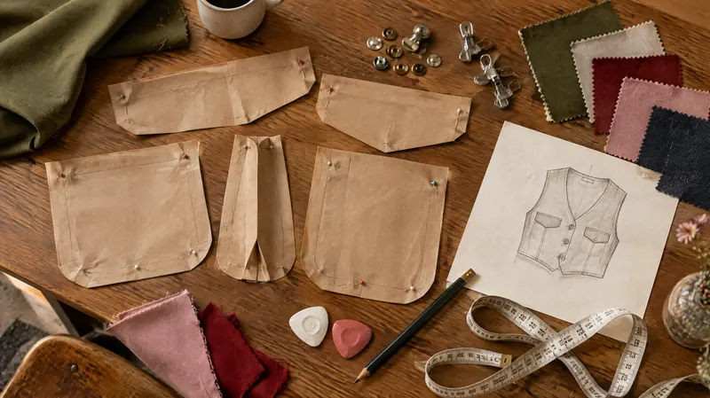 Pattern table with paper pocket patterns, a tape measure, snaps and fabric swatches