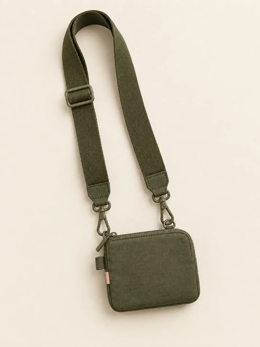 Bag Strap & Mini Pouch Set in Olive, pieces clipped together as worn