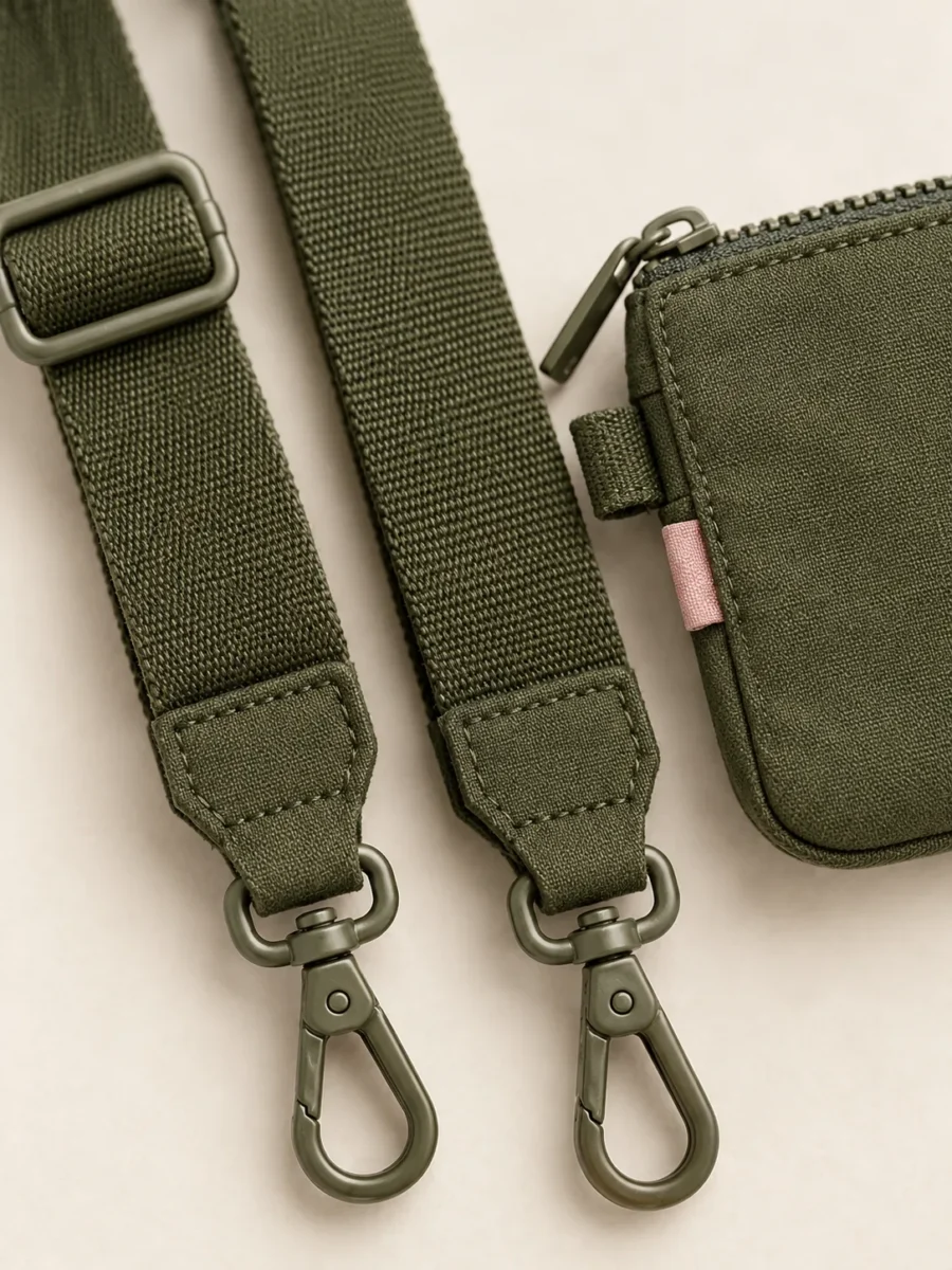 Bag Strap & Mini Pouch Set in Olive, close-up of pockets and hardware