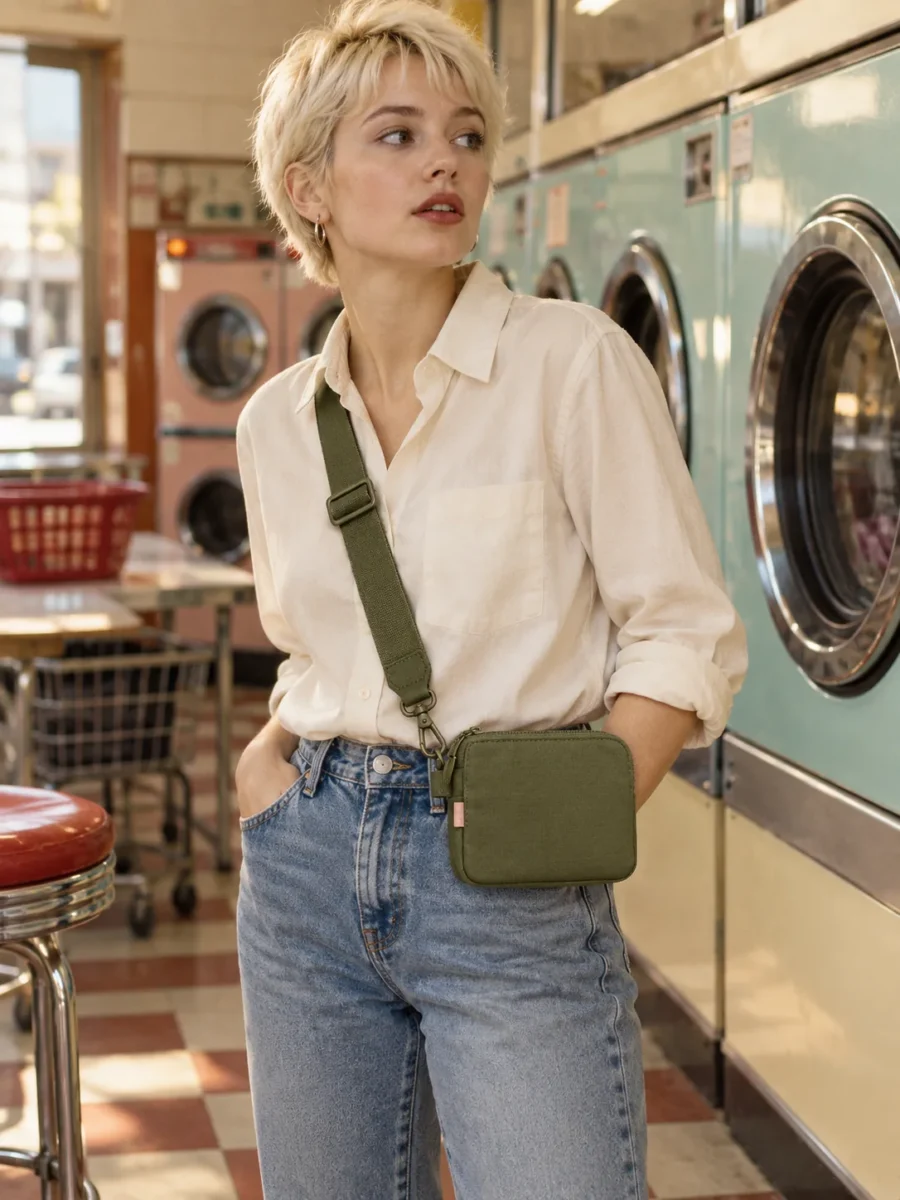Bag Strap & Mini Pouch Set in Olive, worn out in the city