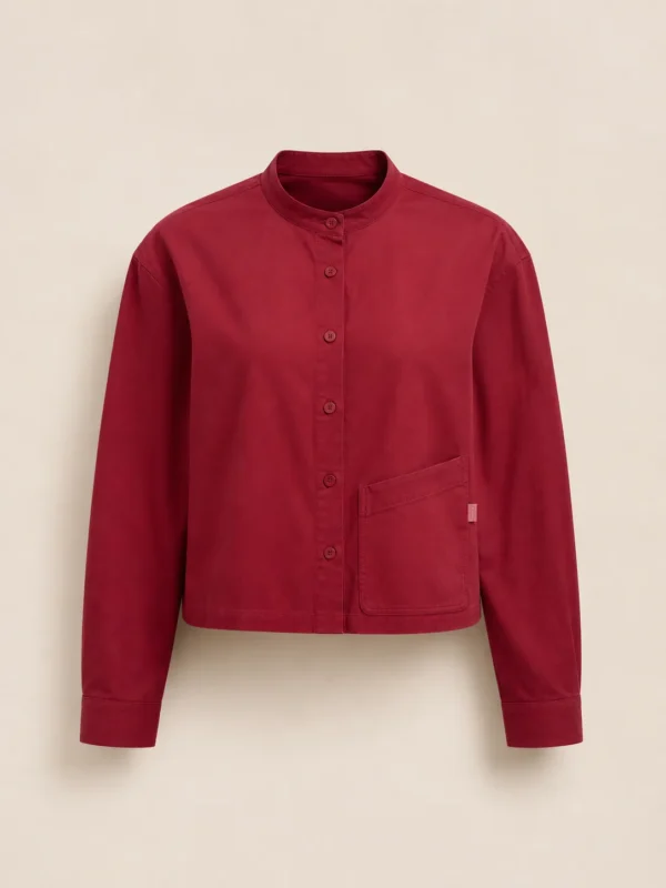 Band Collar Pocket Shirt in Cherry, front view