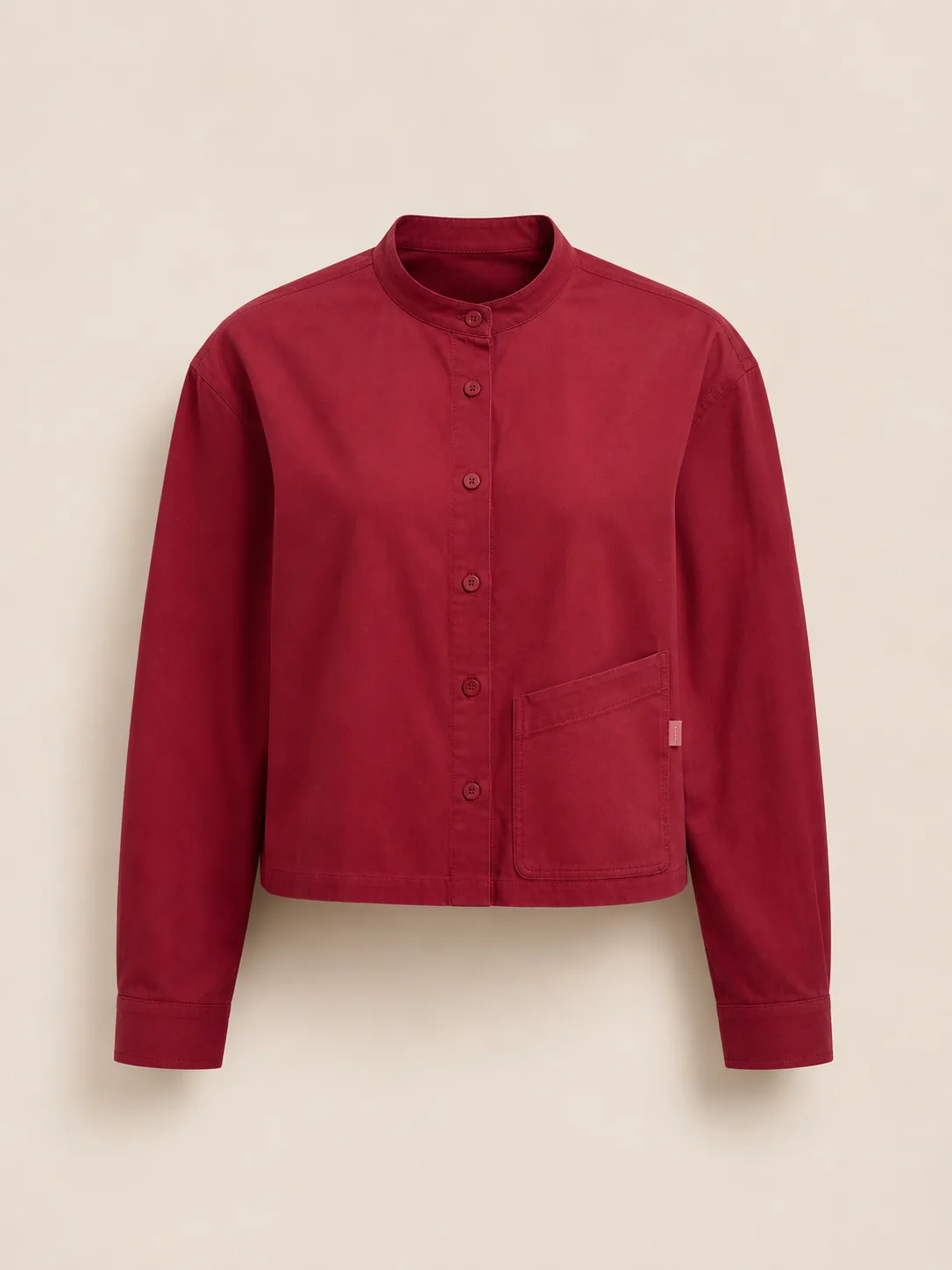 Band Collar Pocket Shirt in Cherry, front view