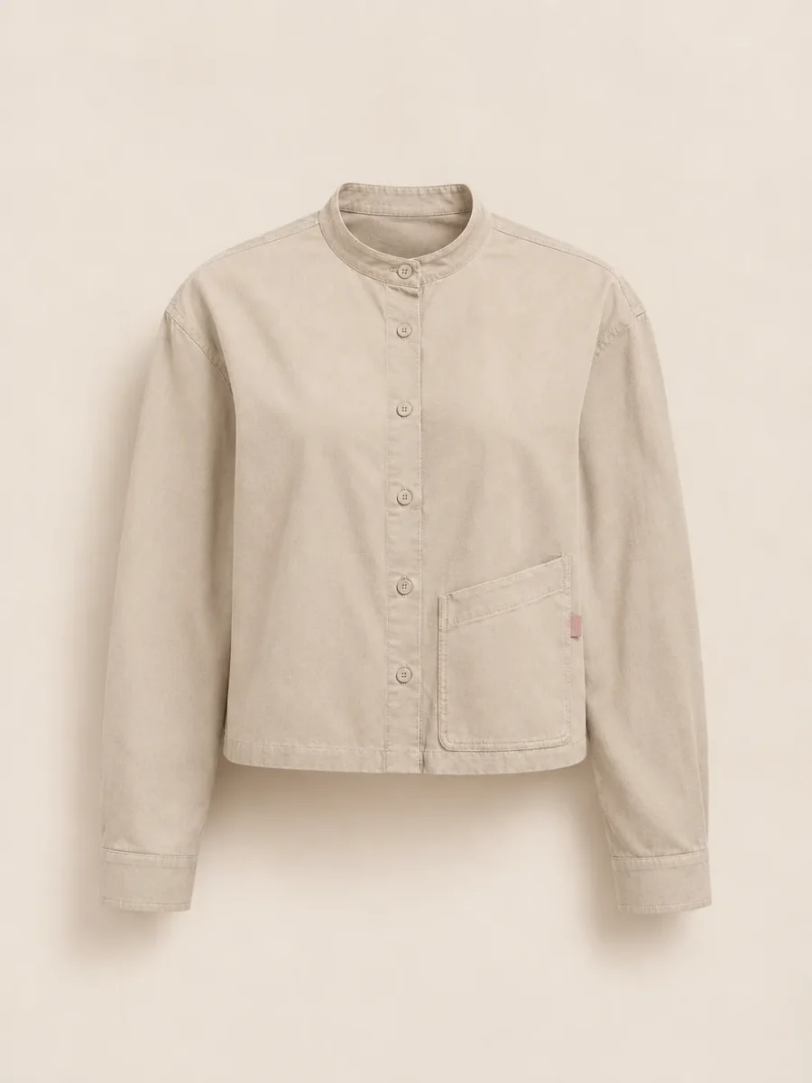Band Collar Pocket Shirt in Stone, front view