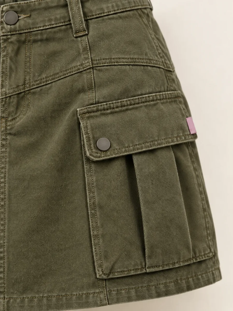 Bellows Cargo Mini in Olive, close-up of pockets and hardware