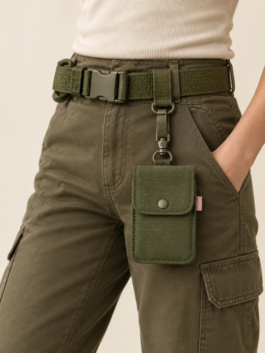 Belt & Card Pouch Set in Olive, pieces clipped together as worn