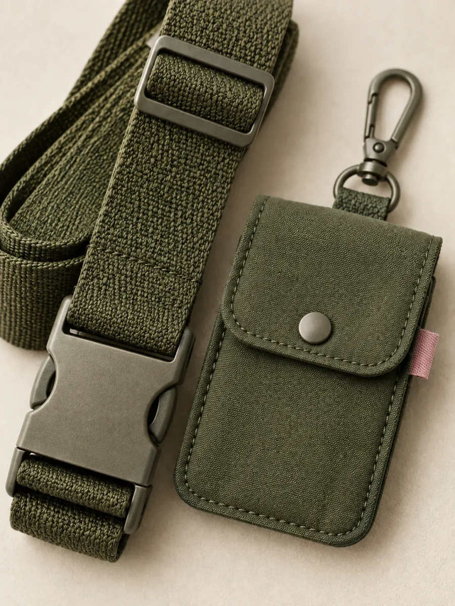 Belt & Card Pouch Set in Olive, close-up of pockets and hardware