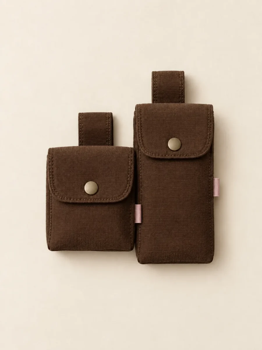Belt Loop Pouch Pair in Cocoa, pieces clipped together as worn