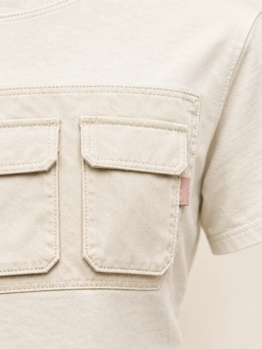 Bib Pocket Tee in Ecru, close-up of pockets and hardware