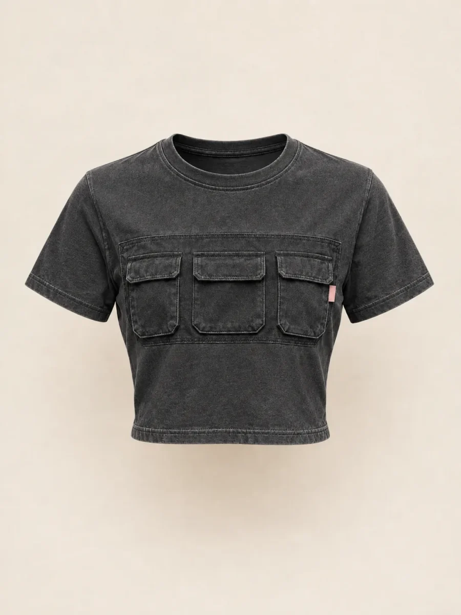 Bib Pocket Tee in Washed Black, front view
