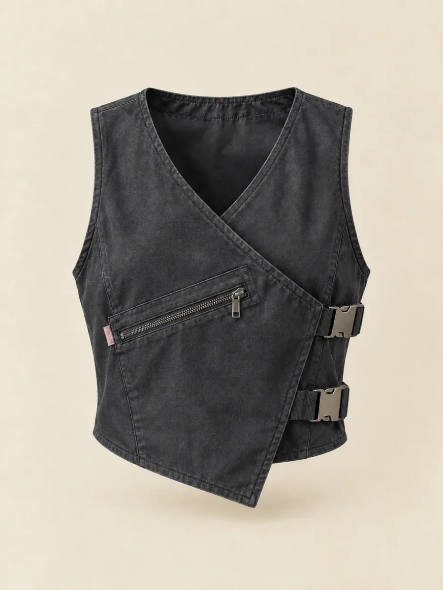 Buckle Wrap Vest in Washed Black, front view