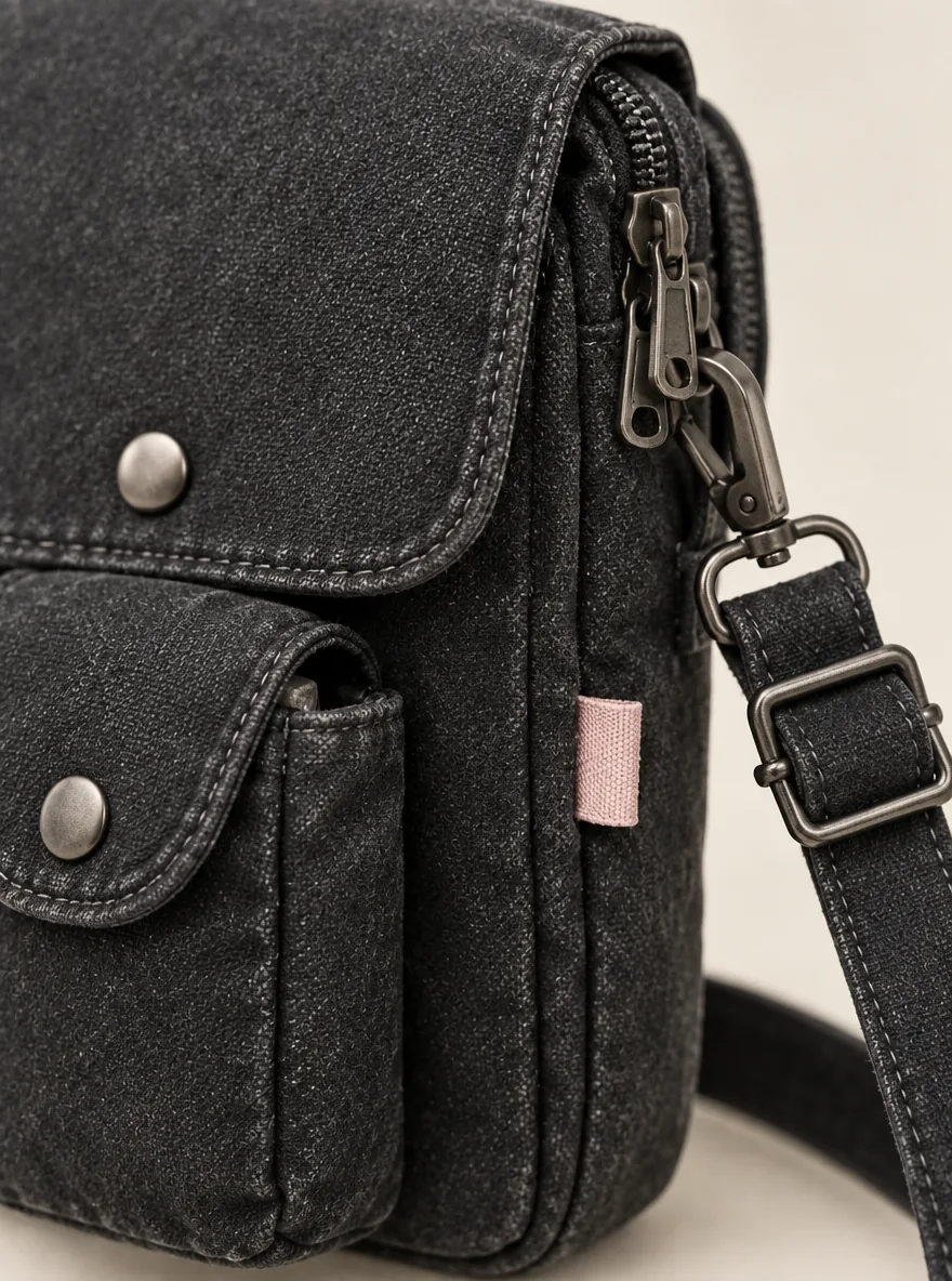 Camera Box Mini Bag in Washed Black, close-up of pockets and hardware