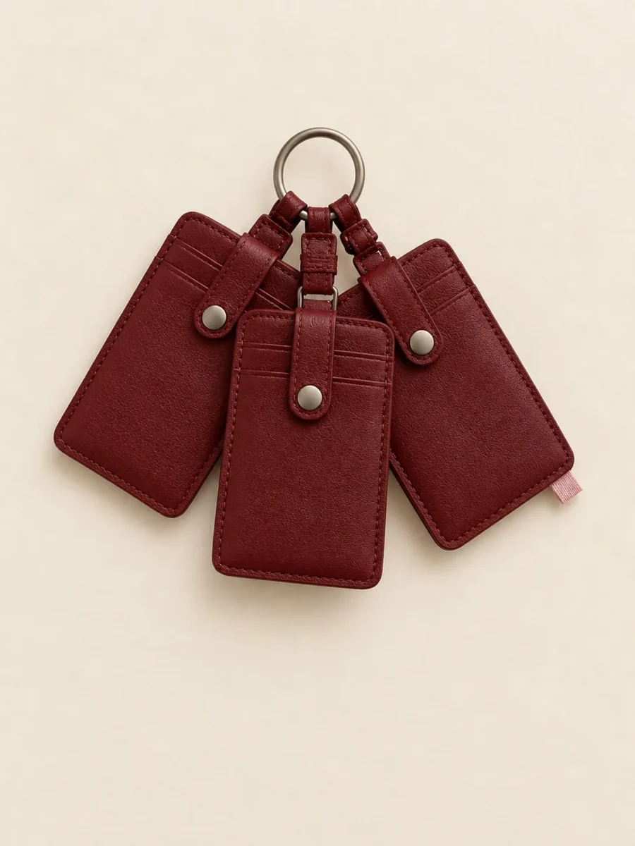 Card Sleeve Stack in Cherry, pieces clipped together as worn