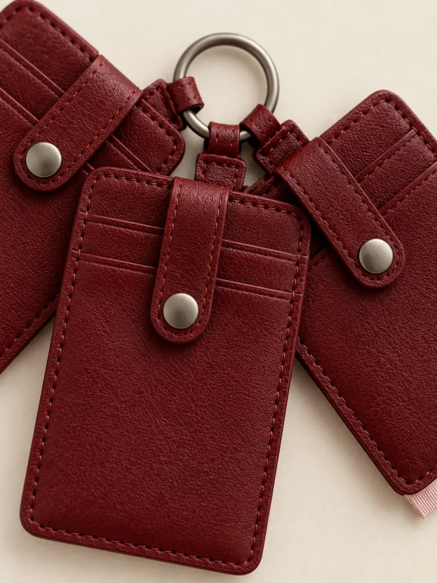 Card Sleeve Stack in Cherry, close-up of pockets and hardware