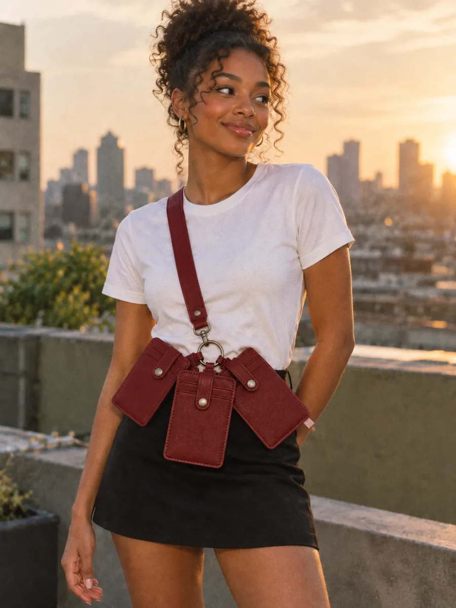 Card Sleeve Stack in Cherry, worn out in the city