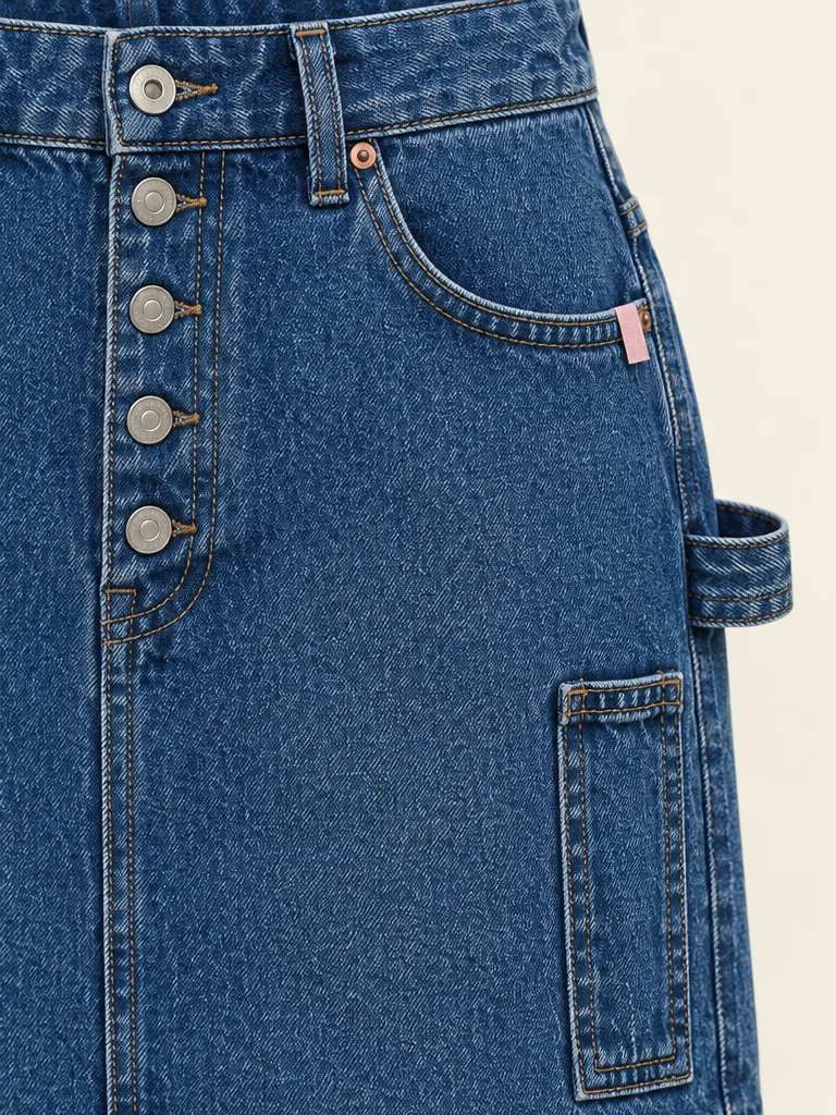 Carpenter Denim Mini in Indigo, close-up of pockets and hardware