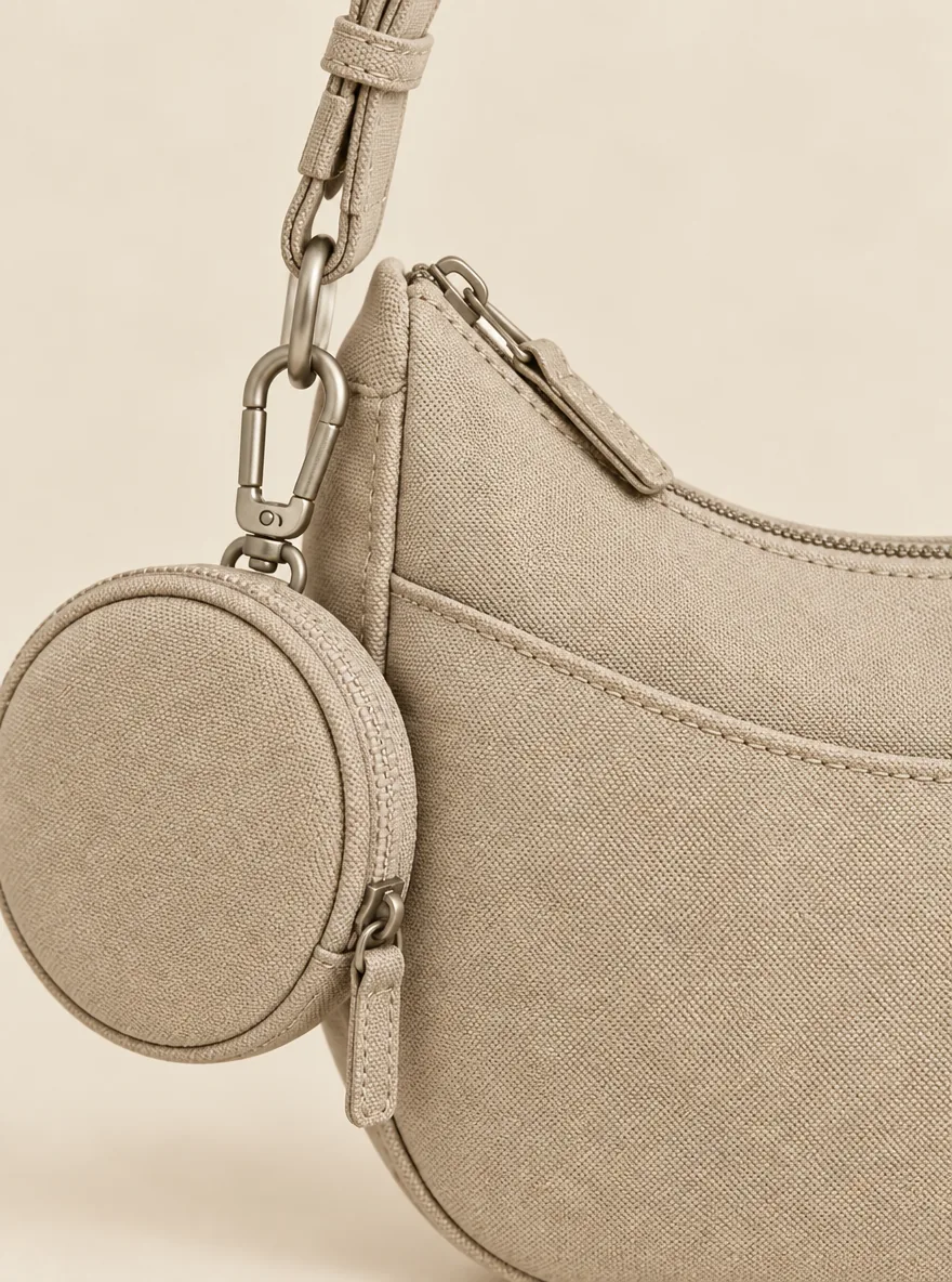 Clip Pouch Duo in Stone, close-up of pockets and hardware