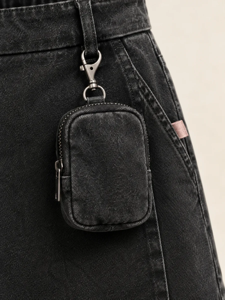 Clip Pouch Skort in Washed Black, close-up of pockets and hardware