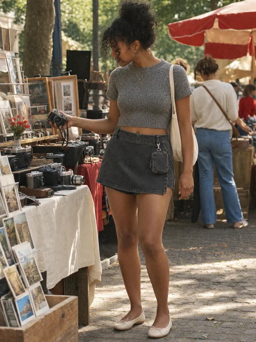 Clip Pouch Skort in Washed Black, worn out in the city