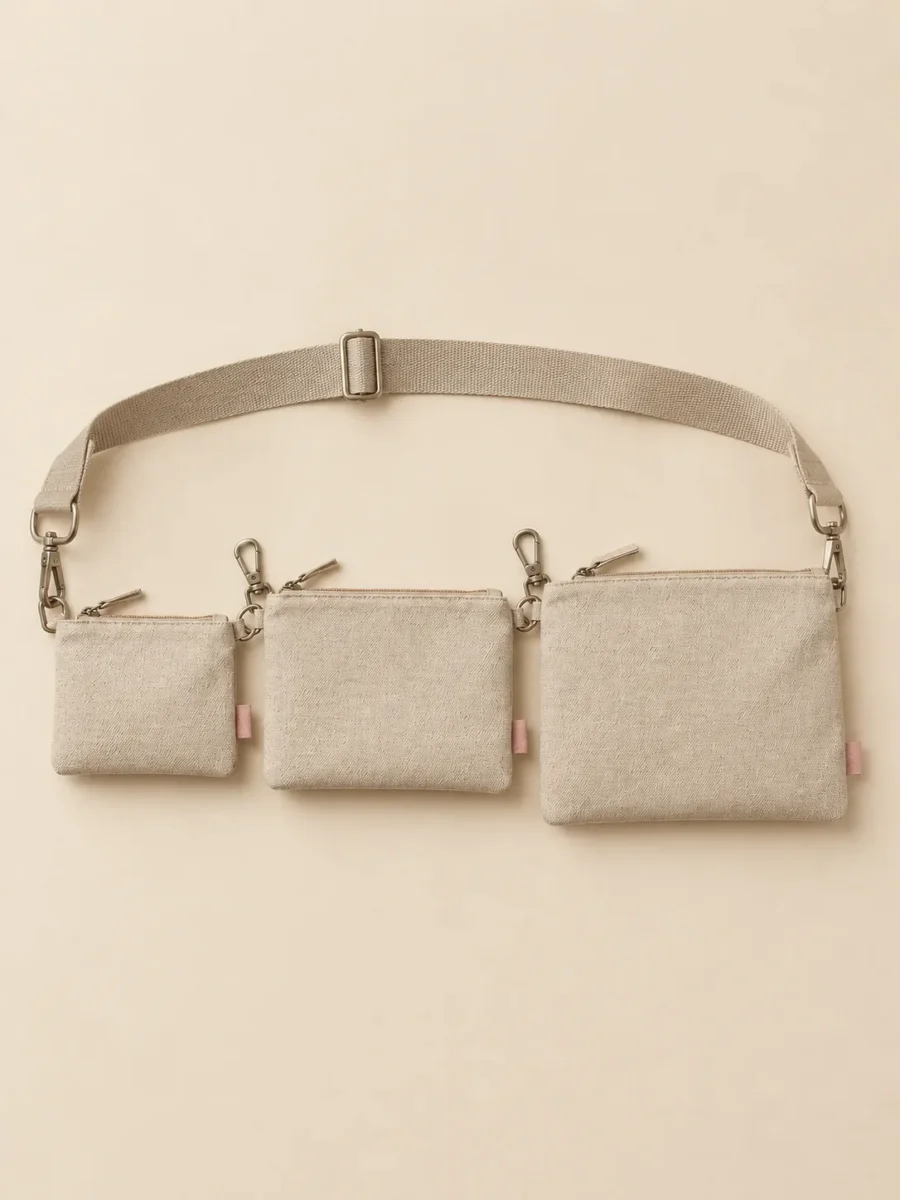 Clip Pouch Trio in Stone, pieces clipped together as worn