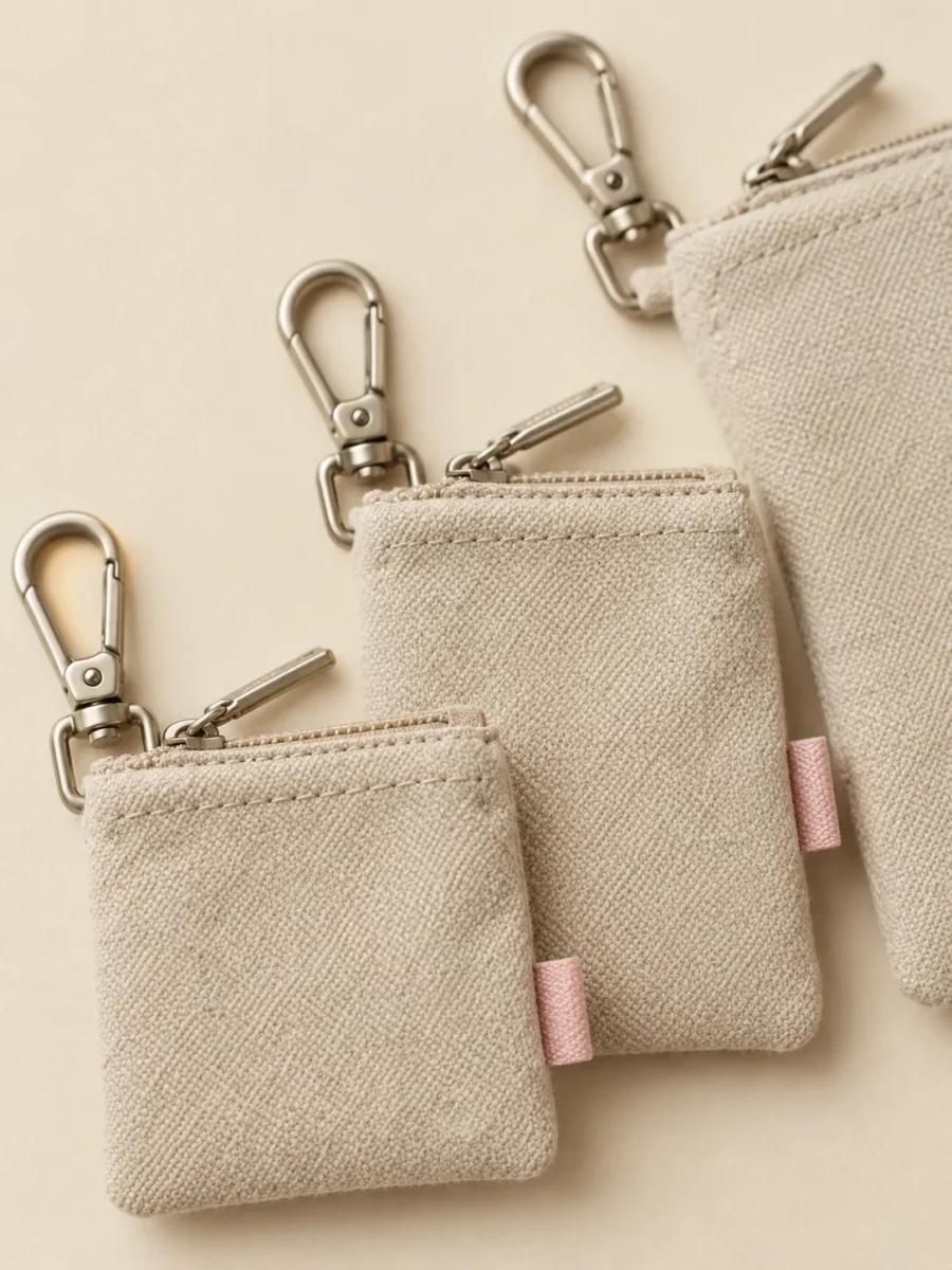 Clip Pouch Trio in Stone, close-up of pockets and hardware