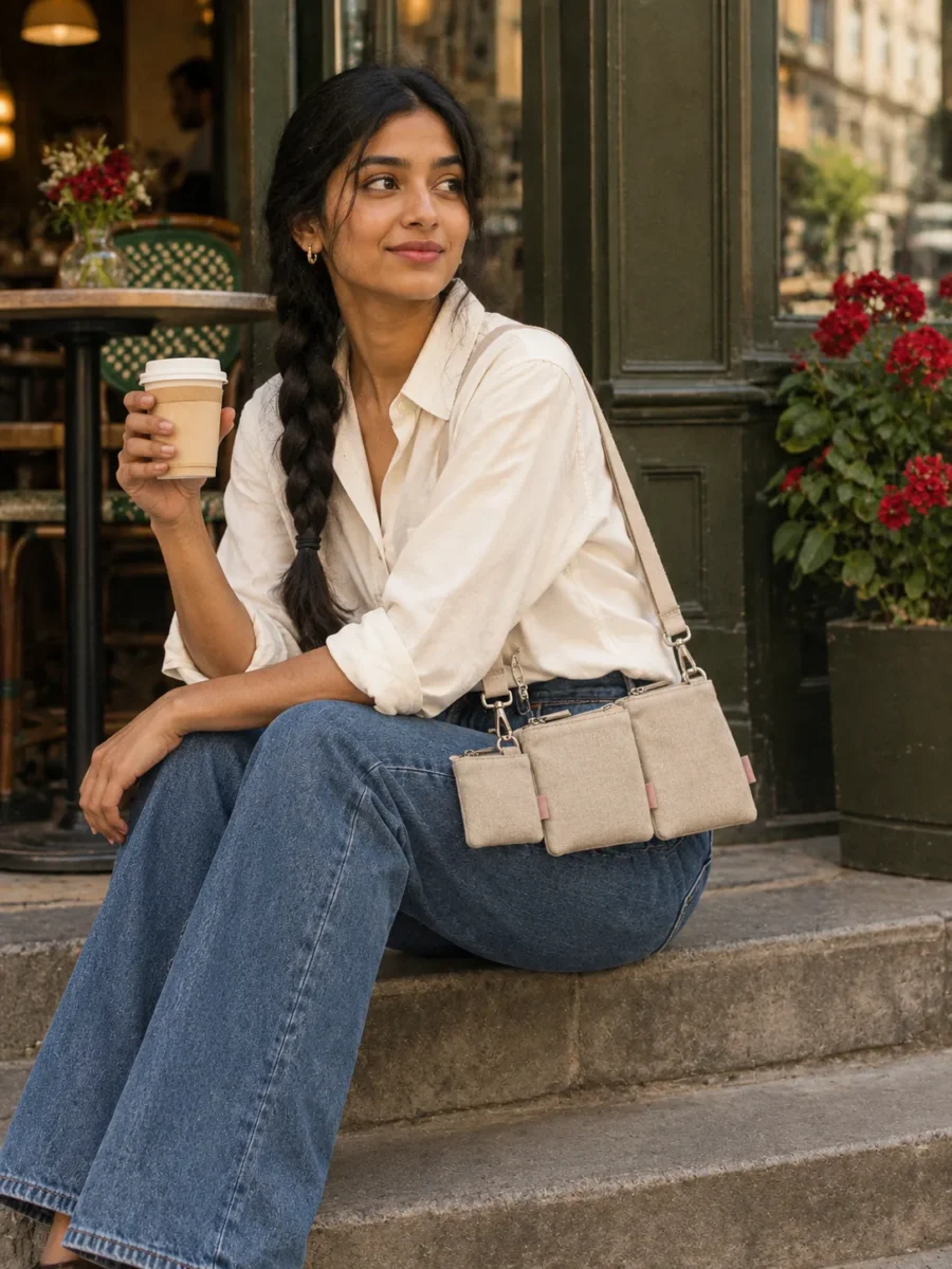 Clip Pouch Trio in Stone, worn out in the city
