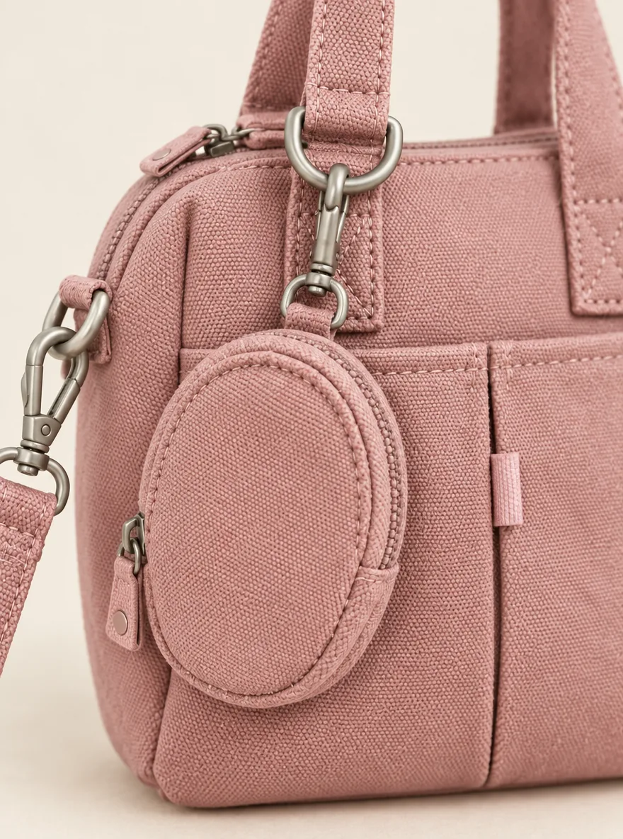 Coin Charm Mini Bag in Rose Chalk, close-up of pockets and hardware
