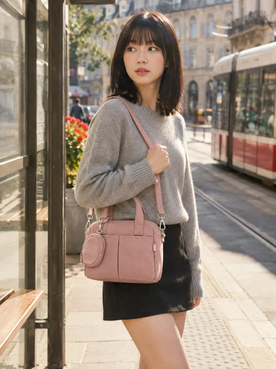 Coin Charm Mini Bag in Rose Chalk, worn out in the city