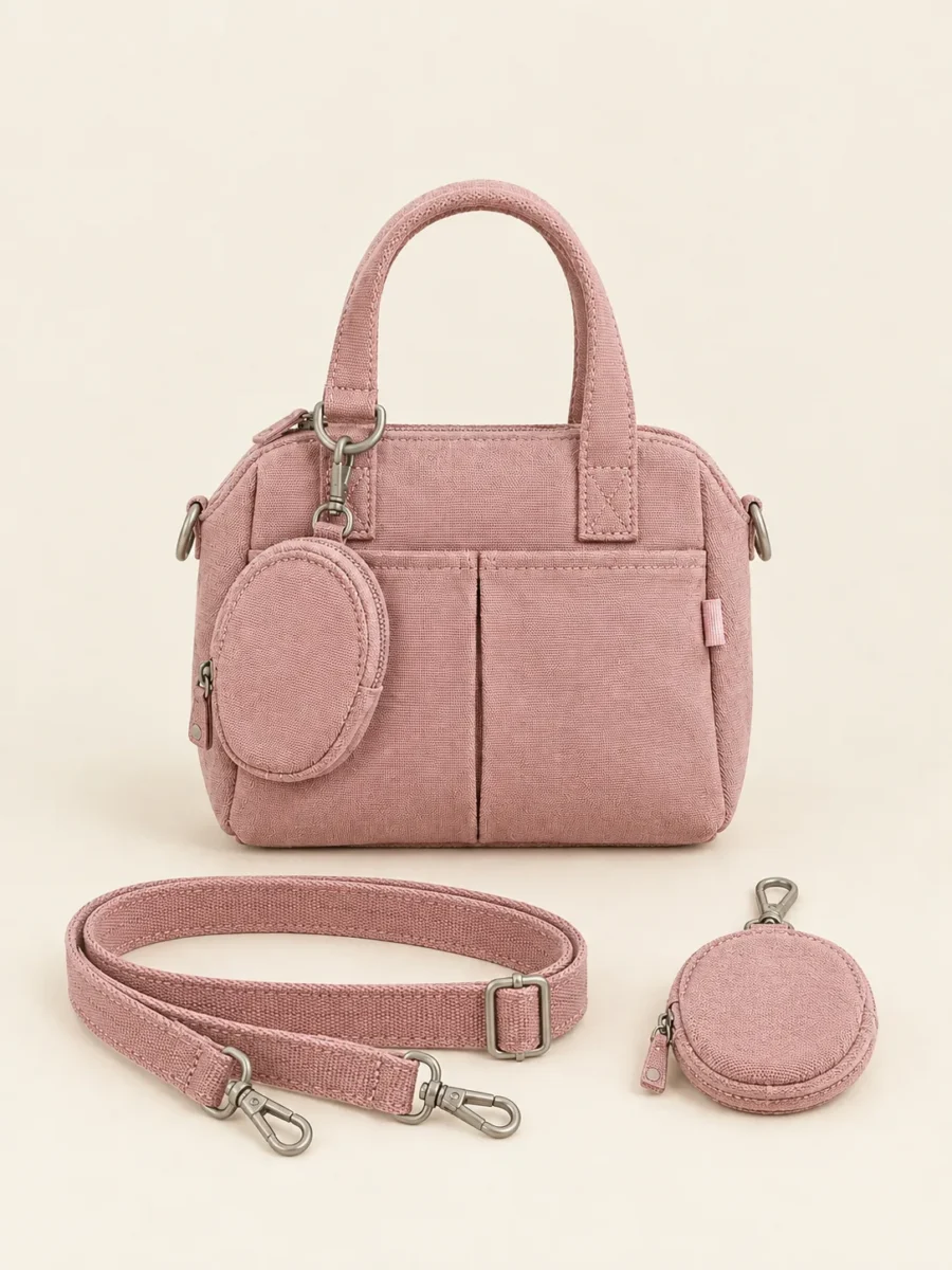 Coin Charm Mini Bag with its detachable pieces unclipped and laid beside it