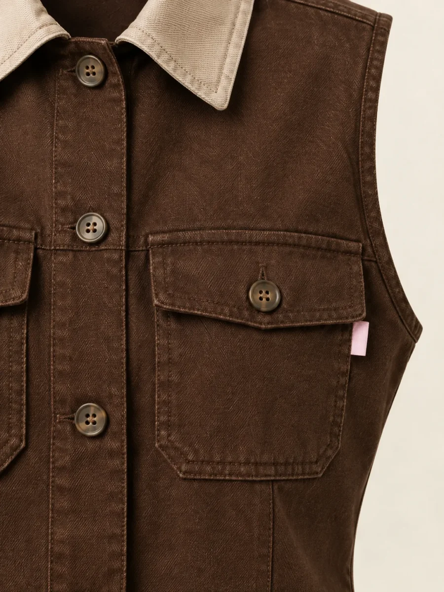 Collared Work Vest in Cocoa, close-up of pockets and hardware