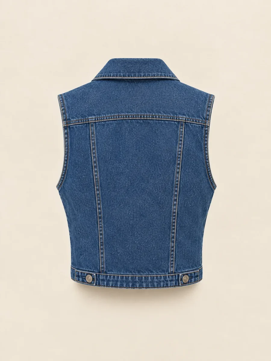 Corner Pocket Denim Vest in Indigo, back view