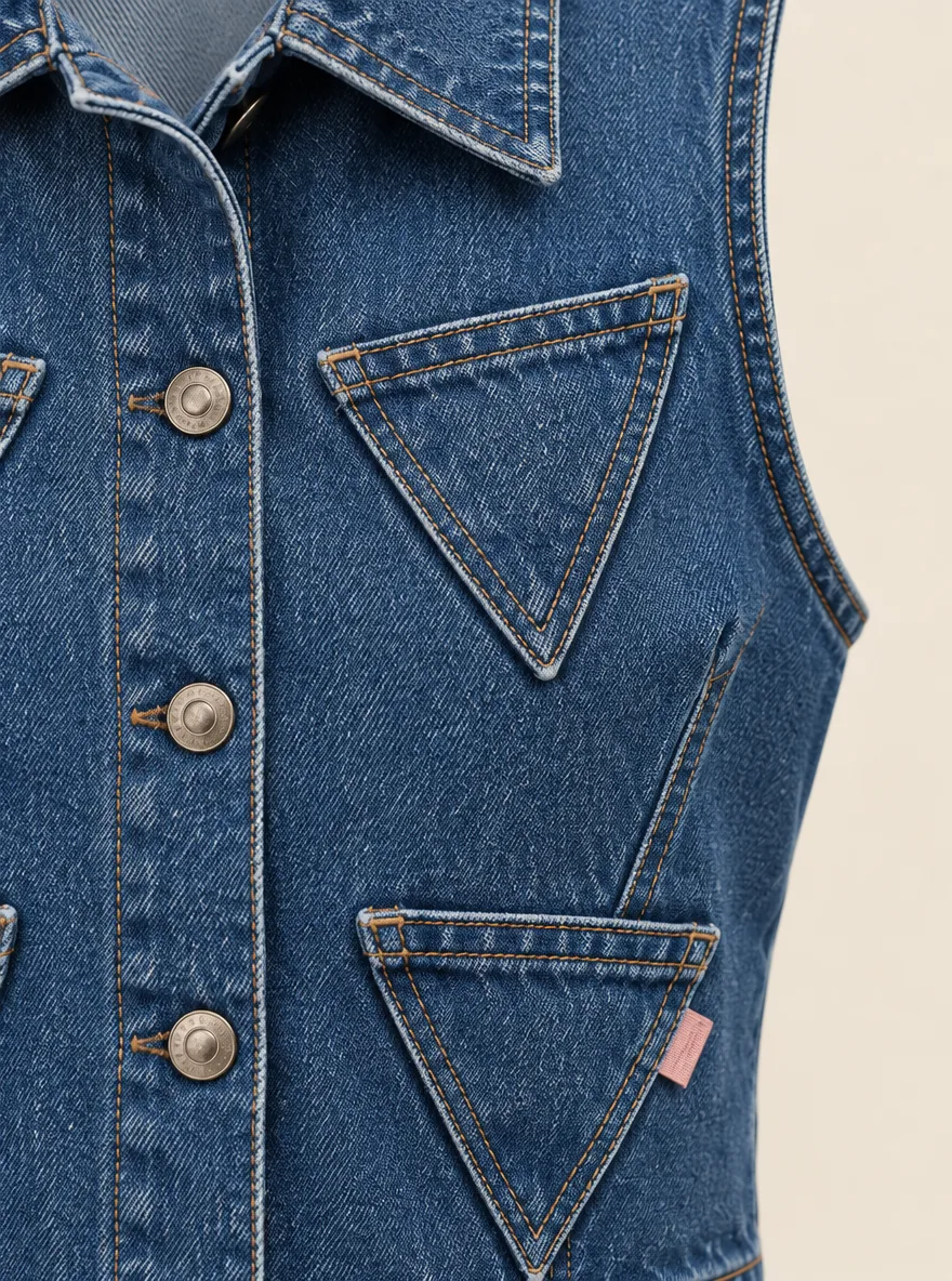 Corner Pocket Denim Vest in Indigo, close-up of pockets and hardware