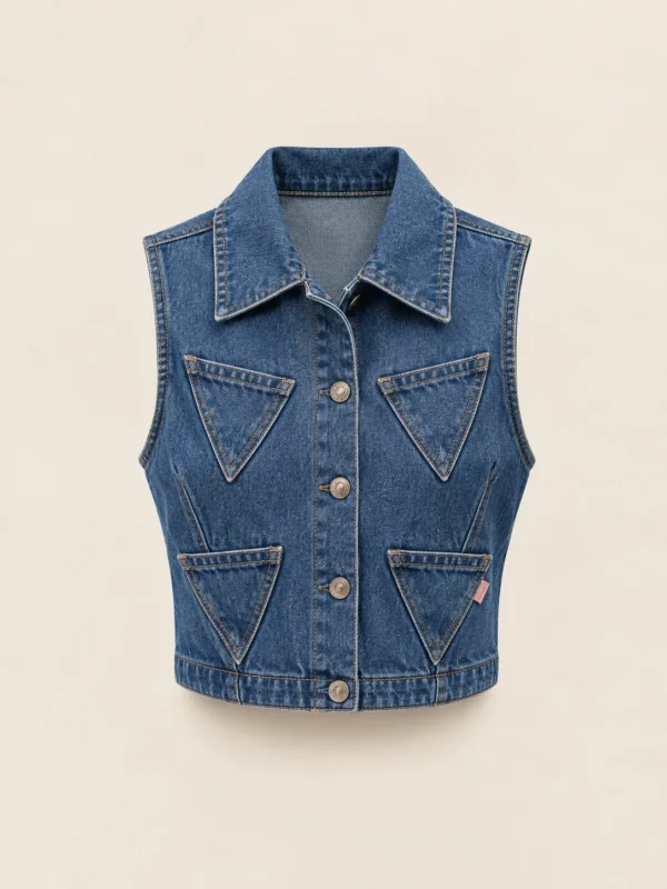 Corner Pocket Denim Vest in Indigo, front view