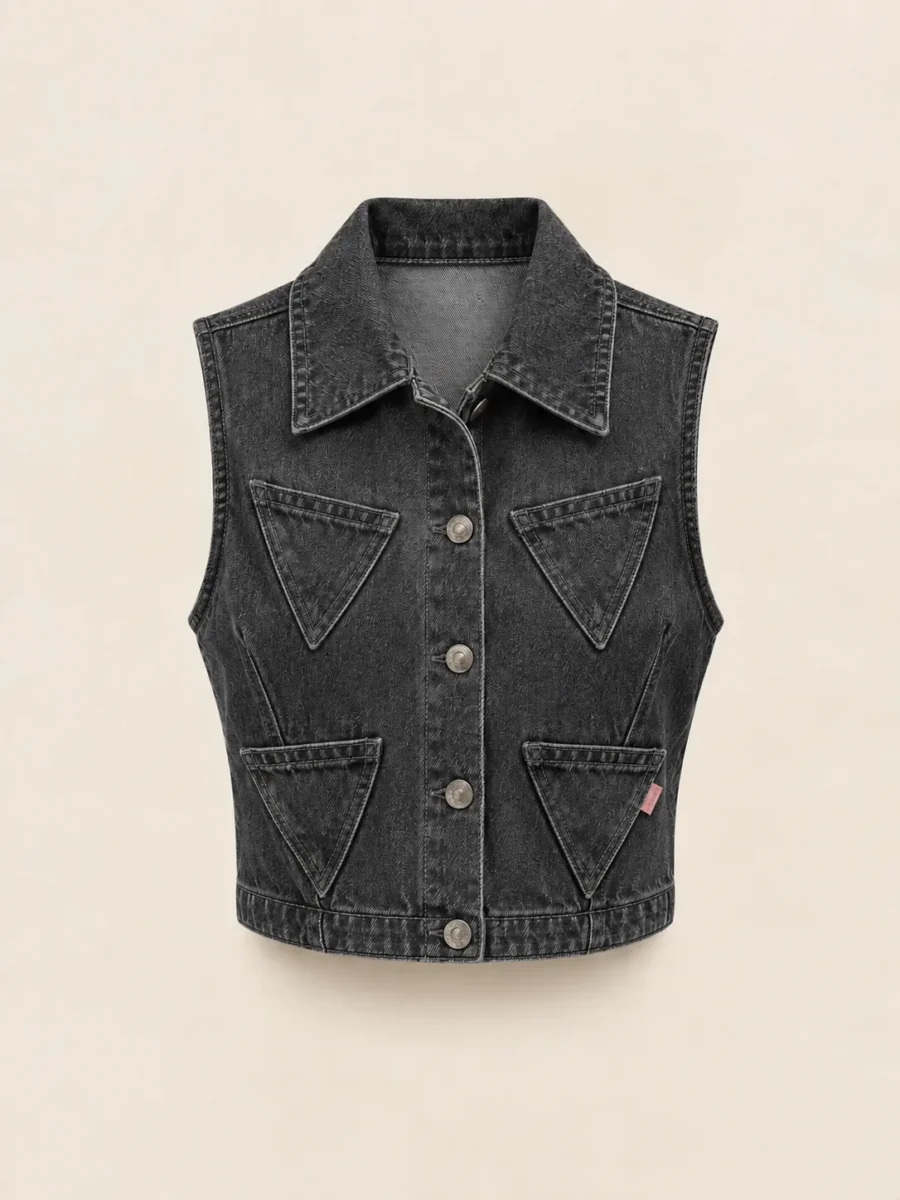 Corner Pocket Denim Vest in Washed Black, front view
