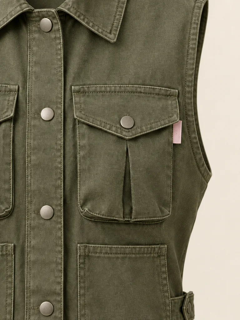 Crate Digger Waistcoat in Olive, close-up of pockets and hardware
