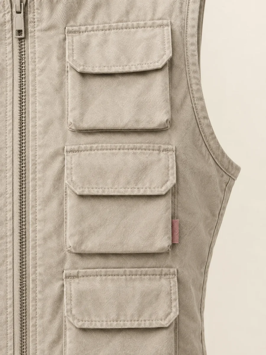 Dockside Eight-Pocket Vest in Stone, close-up of pockets and hardware