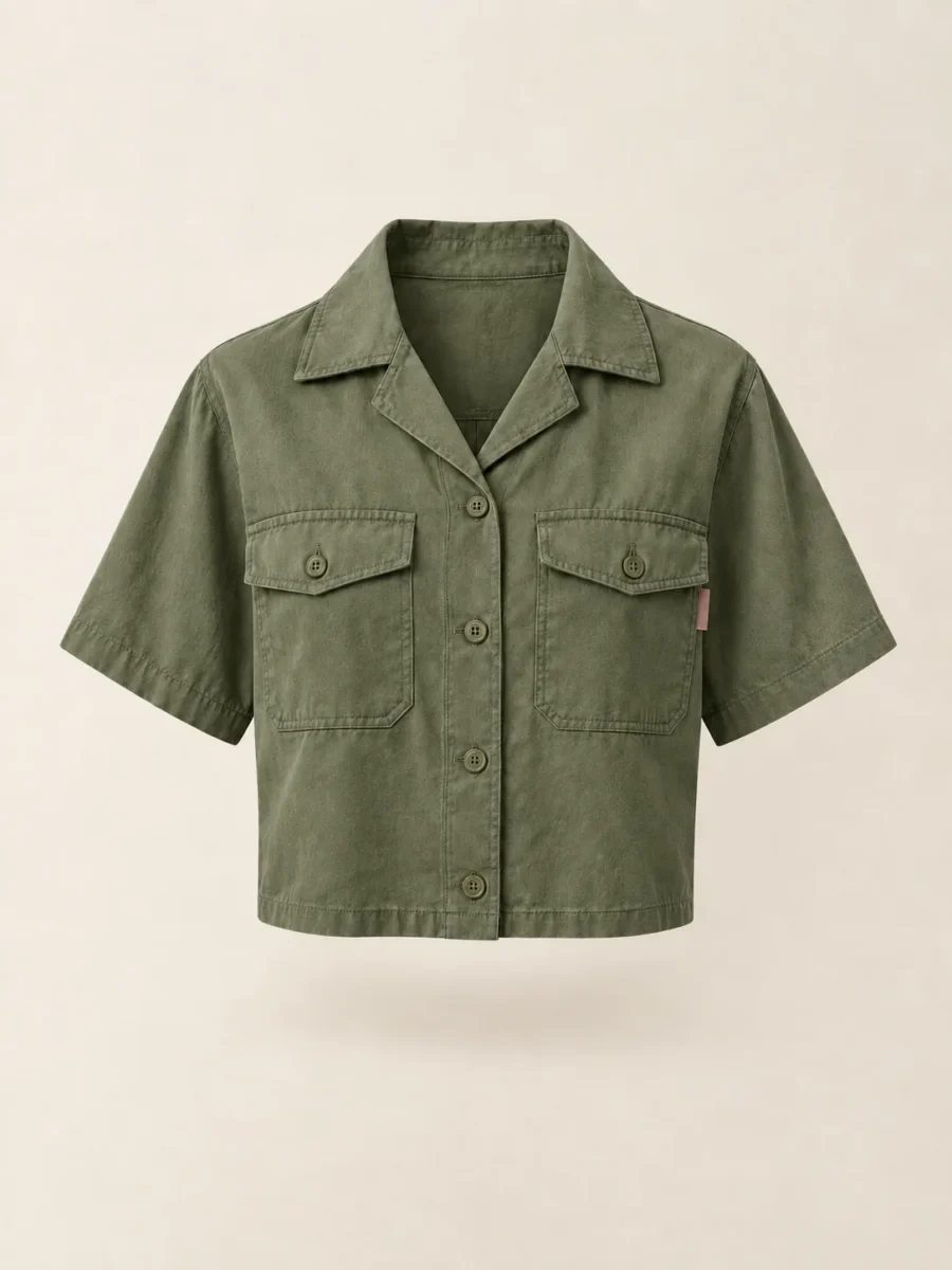 Flap Pocket Camp Crop in Olive, front view