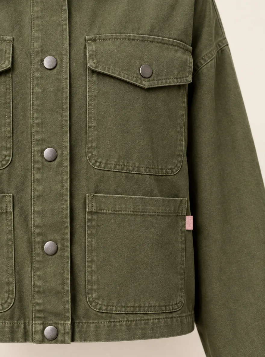 Four Pocket Overshirt Crop in Olive, close-up of pockets and hardware