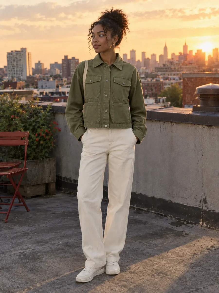Four Pocket Overshirt Crop in Olive, worn out in the city