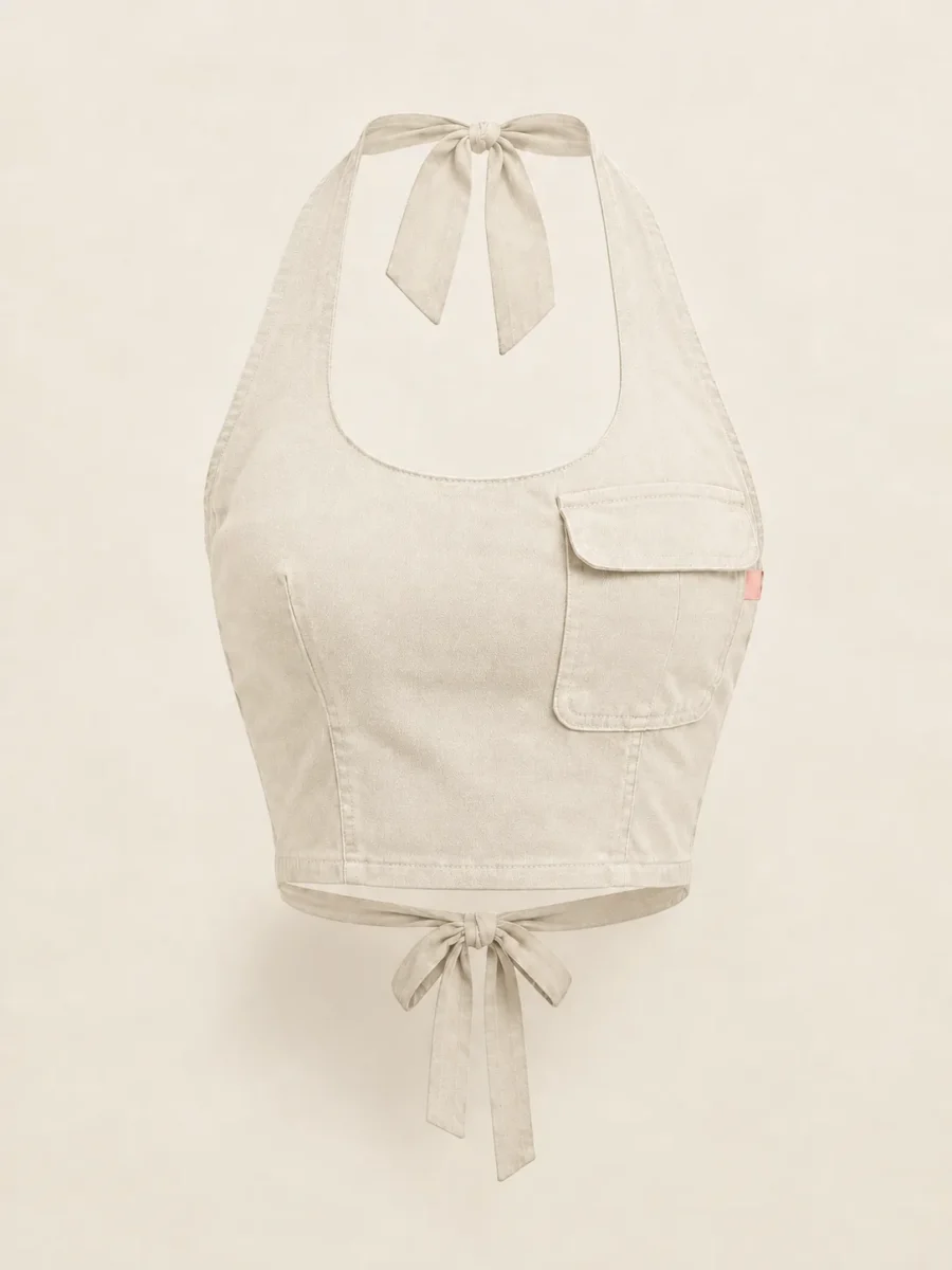 Halter Cargo Top Vest in Ecru, front view