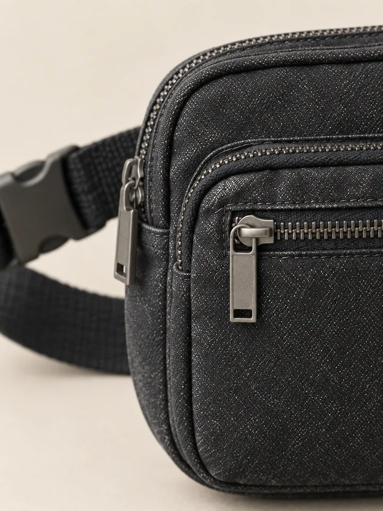 Hip Map Belt Bag in Washed Black, close-up of pockets and hardware