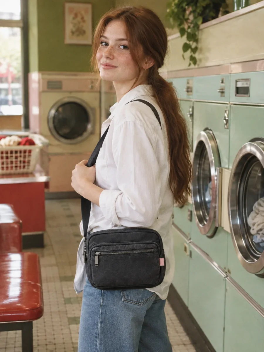 Hip Map Belt Bag in Washed Black, worn out in the city