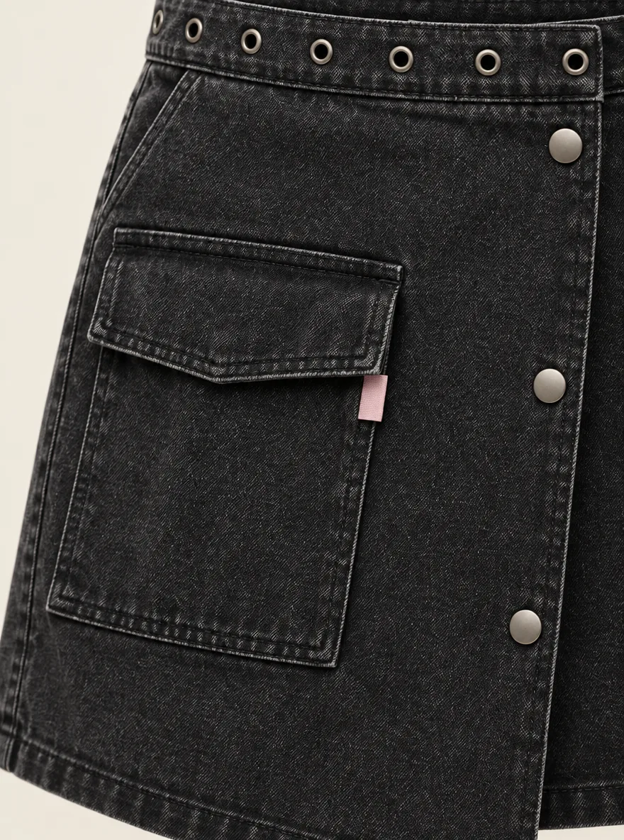 Kilt Front Utility Mini in Washed Black, close-up of pockets and hardware