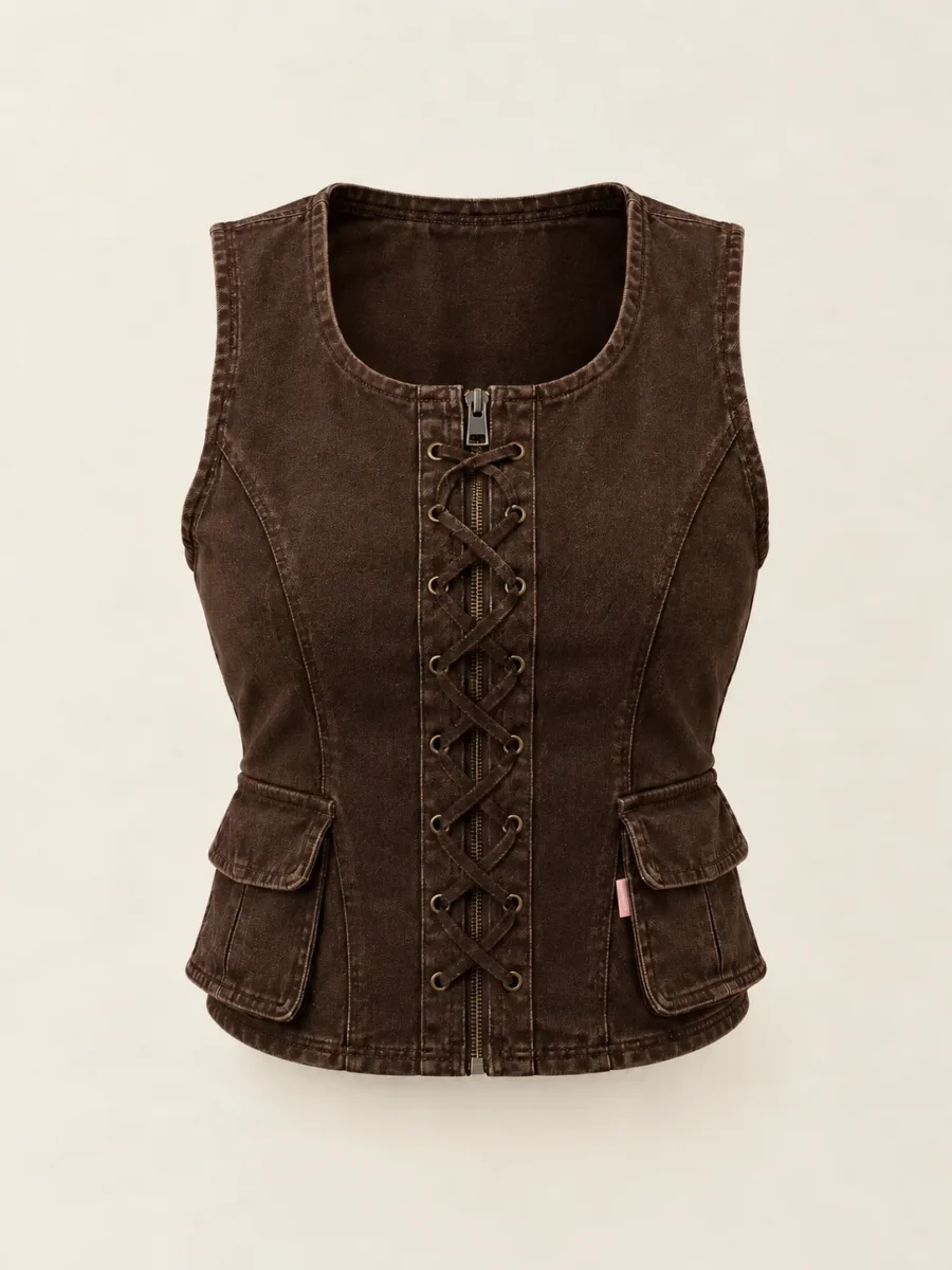 Laced Cargo Vest in Cocoa, front view