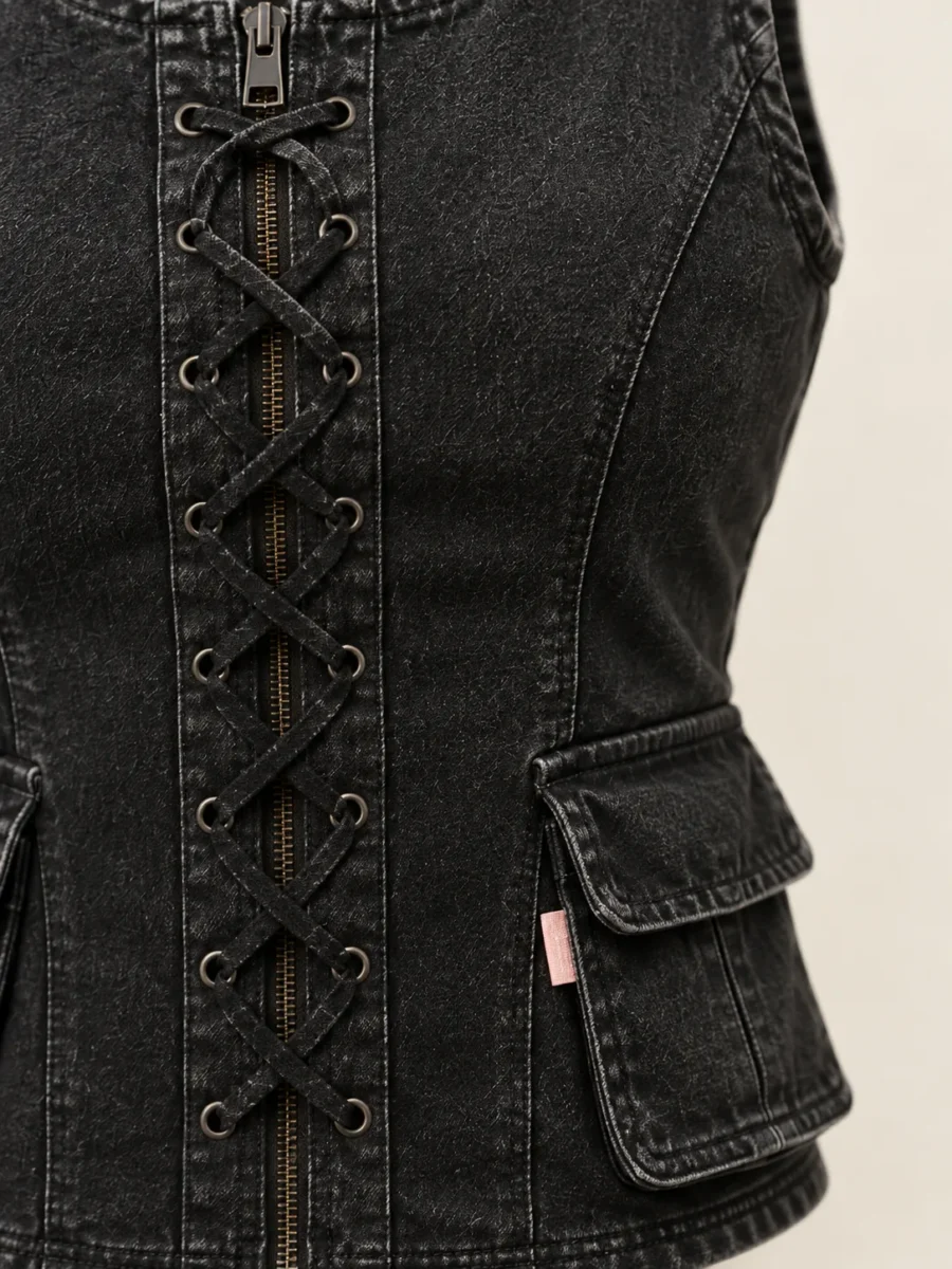 Laced Cargo Vest in Washed Black, close-up of pockets and hardware