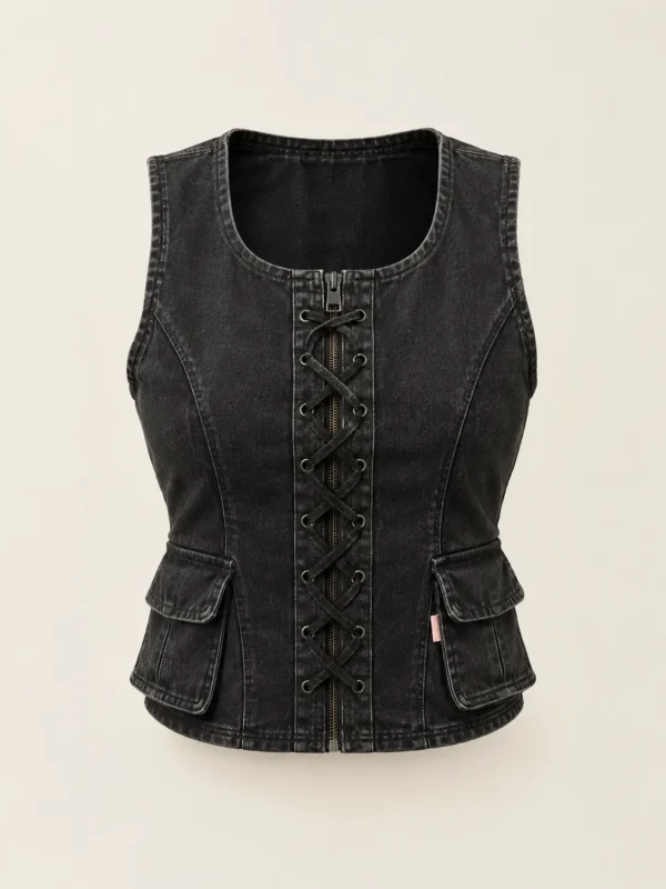 Laced Cargo Vest in Washed Black, front view