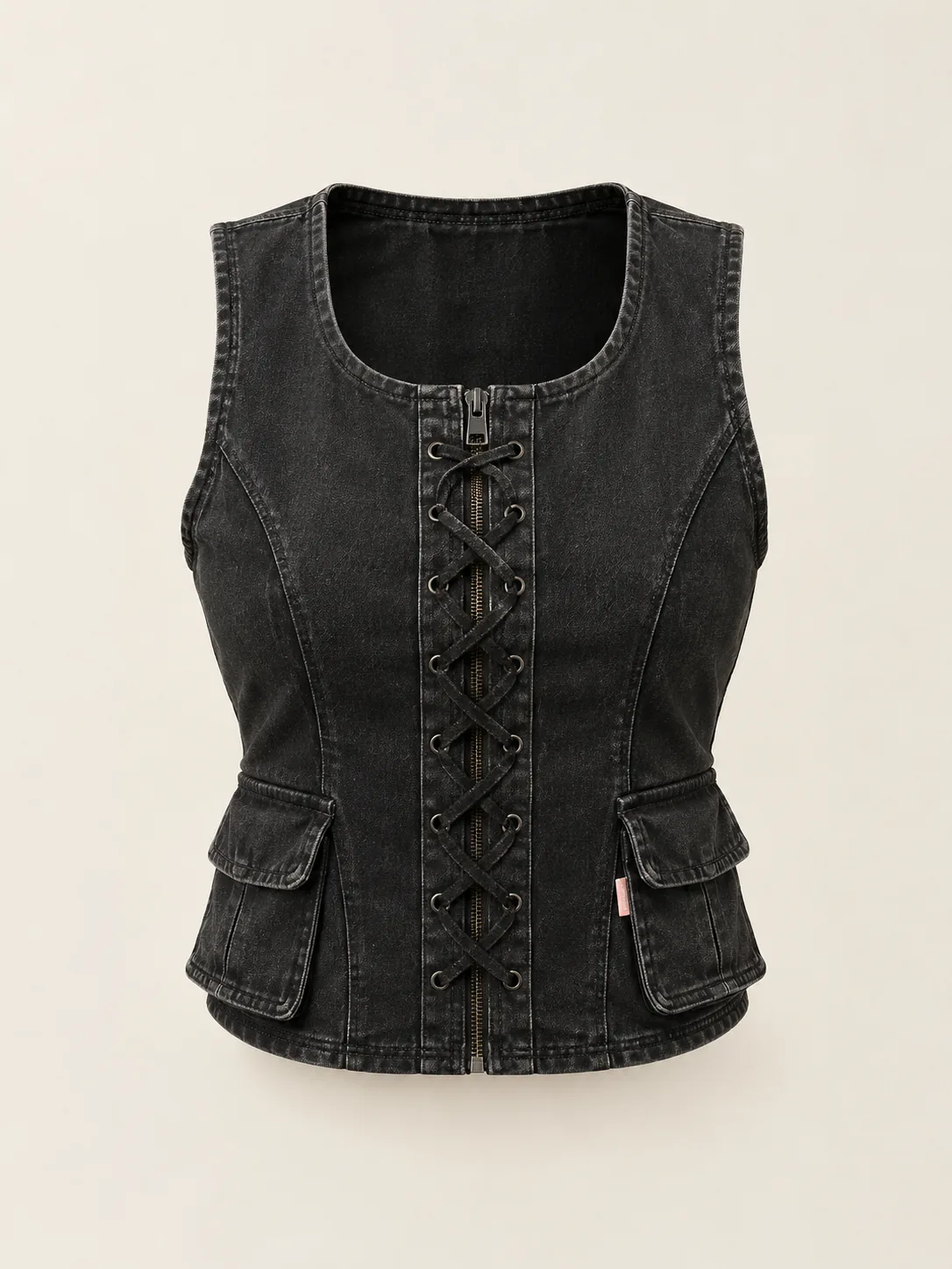 Laced Cargo Vest in Washed Black, front view