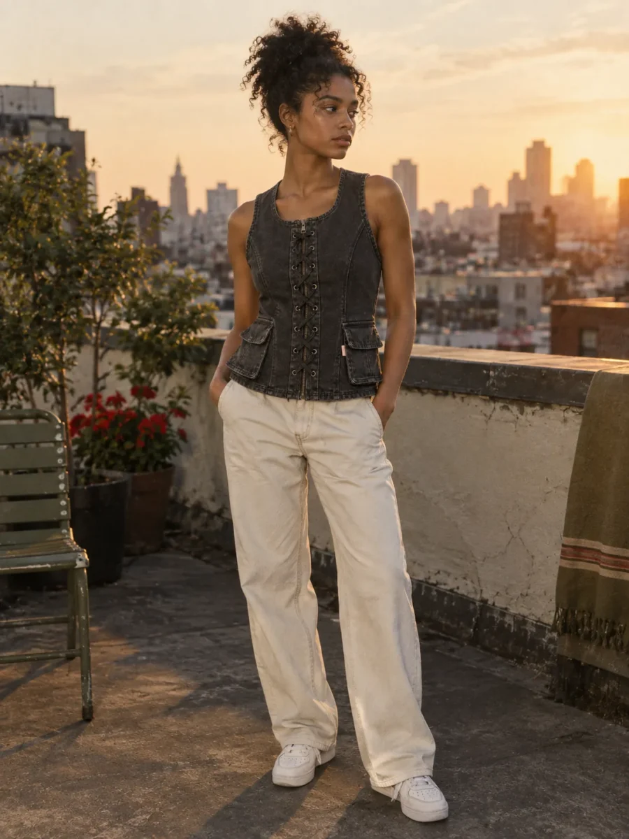Laced Cargo Vest in Washed Black, worn out in the city